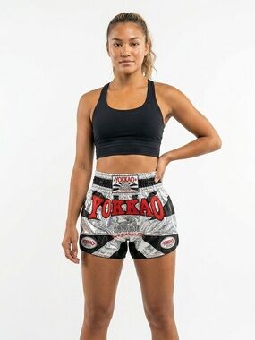 Yokkao Muay Thai Boxing Shorts Metallic Satin Black Silver Red Small